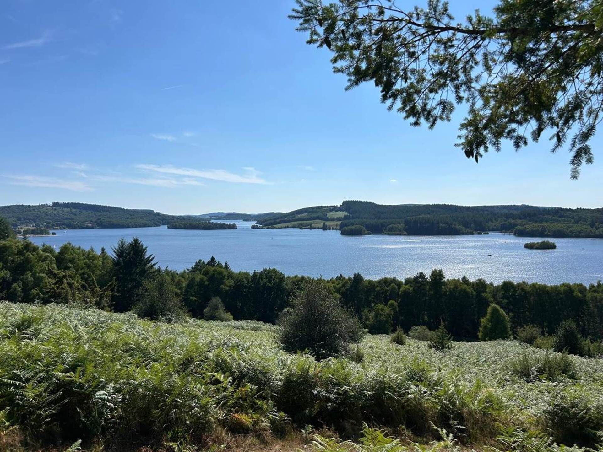 A lake surrounded by forested hills.