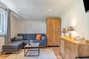 A modern living room with a grey sofa, a wooden cabinet, and a coffee table. - Junior Suite with Breakfast, Mountain View and Private Terrace (Vandans)