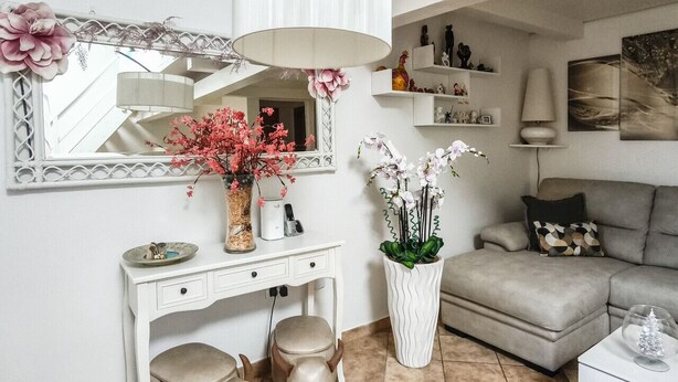 A living room with a white console table, a sofa, a large mirror with a decorative frame, and a potted orchid plant. - Magic DaLu House - Olbia (Olbia)