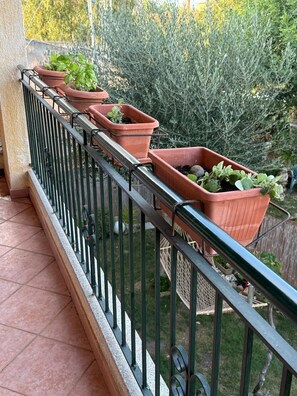 A balcony with terracotta planters containing various plants, a metal railing, and a view of a garden with trees and shrubs. - Charming Apartment in La Maddalena With Private Terrace (Capoterra)