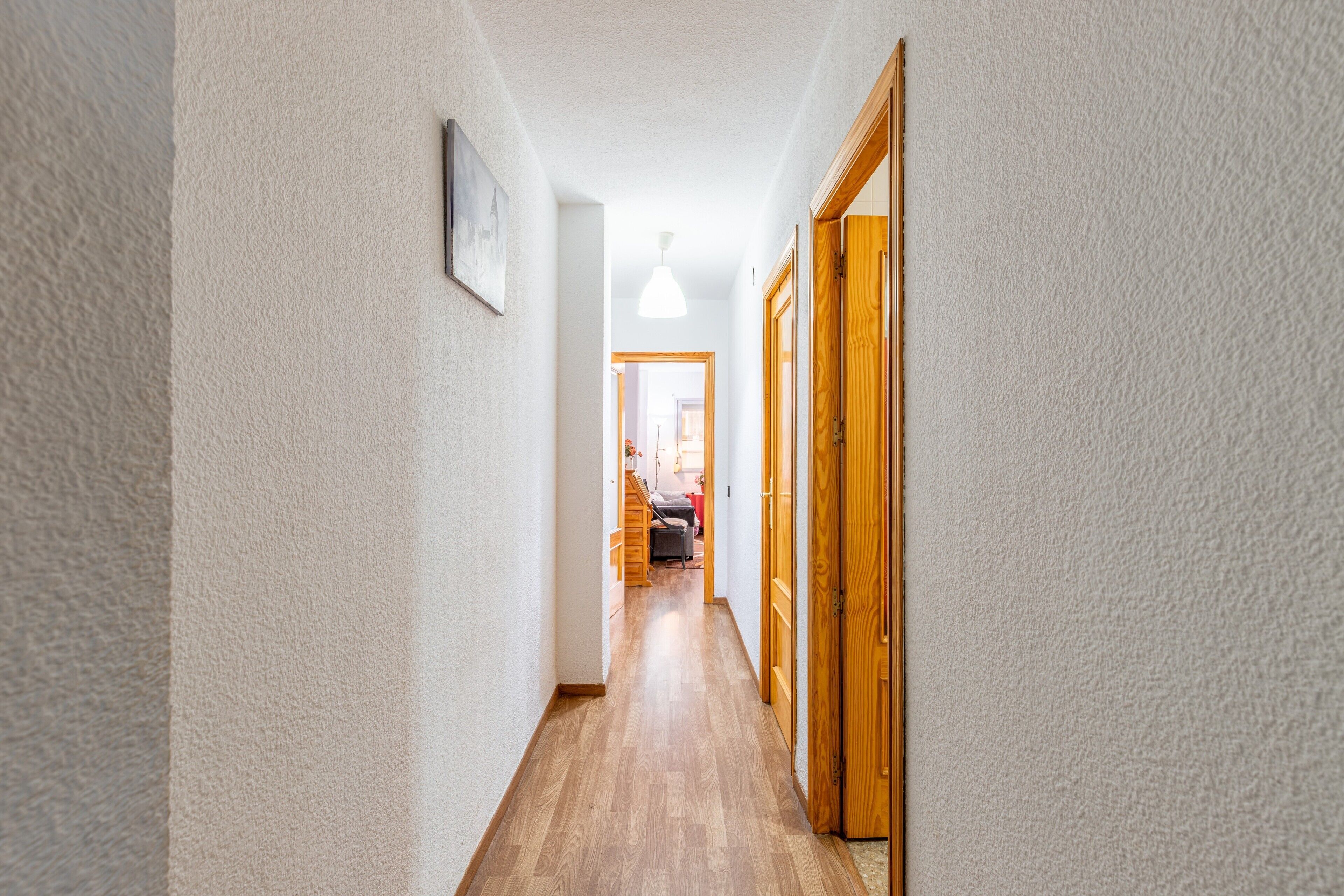 Un couloir avec une porte en bois, un mur blanc et un luminaire suspendu.