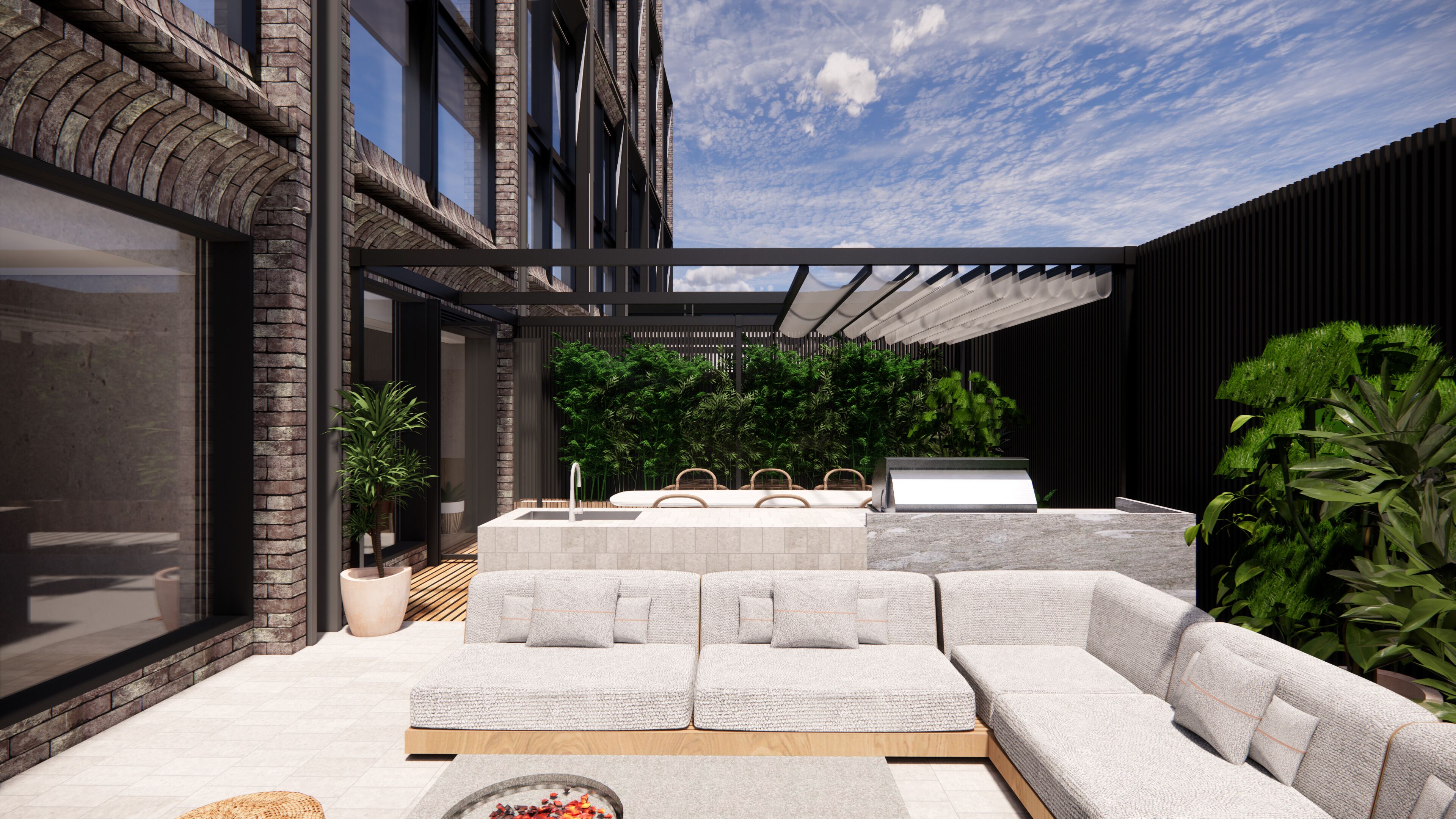 Et moderne udendørs opholdsområde med en indbygget sofa, et lille bord og et springvand.