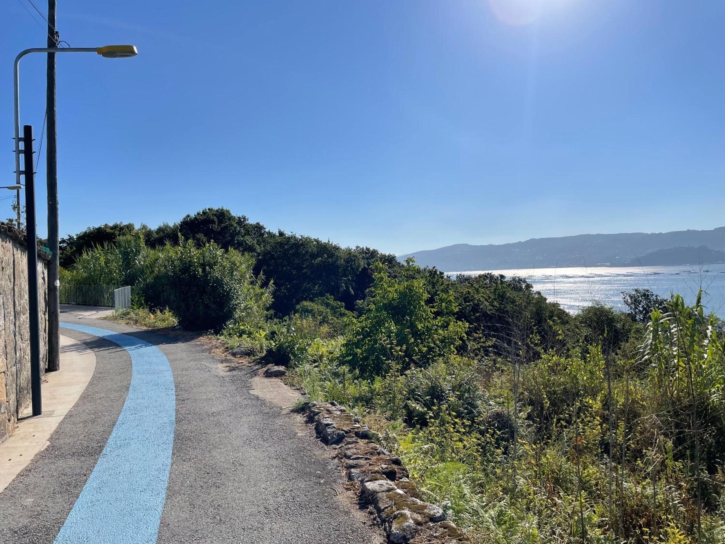 En asfalteret sti med en blå linje, omgivet af grønt og fri udsigt til havet.