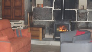 A living room with a stone wall, a fireplace, two sofas, and a wooden cabinet. - Cottage (4/7 guests) with valley view in the heart of the volcano park (Jou-sous-Monjou)