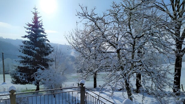 A snow-covered landscape with a metal railing and snow-covered trees. - Cottage (4/7 guests) with valley view in the heart of the volcano park (Jou-sous-Monjou)