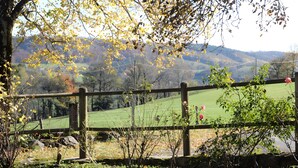 A rural landscape with a wooden fence, a stone wall, and a view of green fields and hills. - Cottage (4/7 guests) with valley view in the heart of the volcano park (Jou-sous-Monjou)