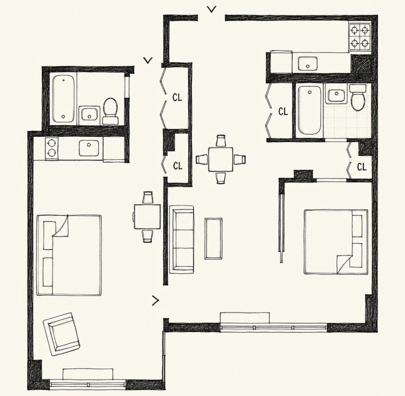 A floor plan with a kitchen, dining area, two bedrooms, a bathroom, and a living room.