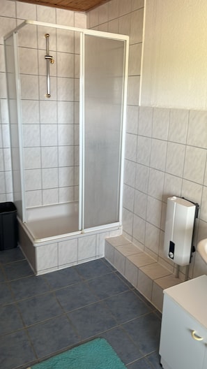 Regadera, toallas, jabón, papel de baño
