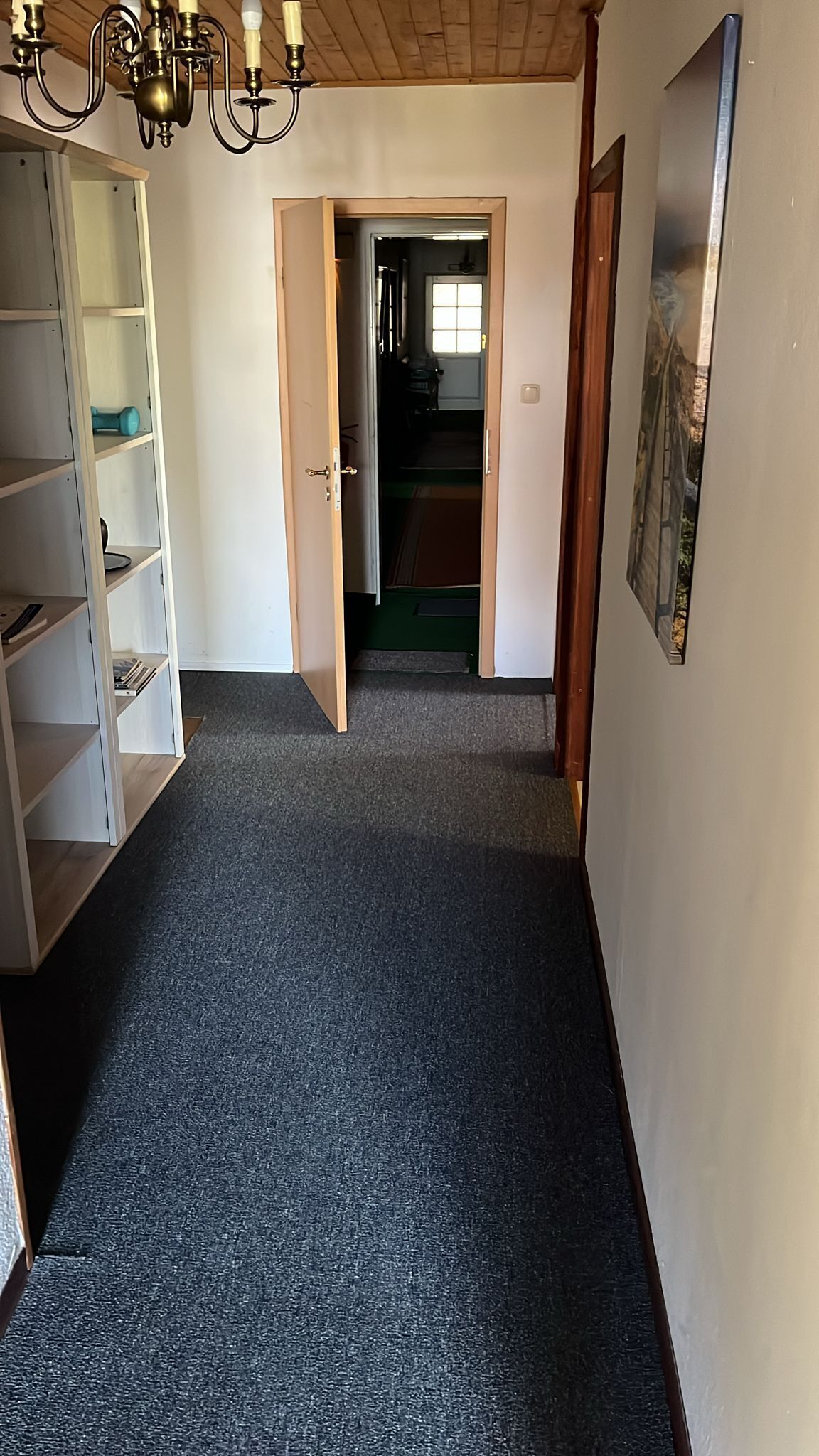 Een hal met tapijtvloer, een houten deur, een witte muur en een kroonluchter.