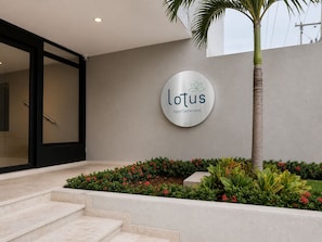 Ein moderner Hauseingang mit einem Schild, auf dem 'Lotus Apartamentos' steht, einer Palme und einem angelegten Gartenbereich.