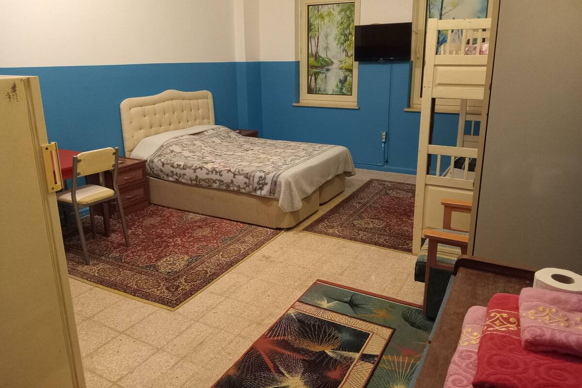 Une chambre à coucher avec un lit, une chaise, un bureau, une armoire et un tableau accroché au mur.
