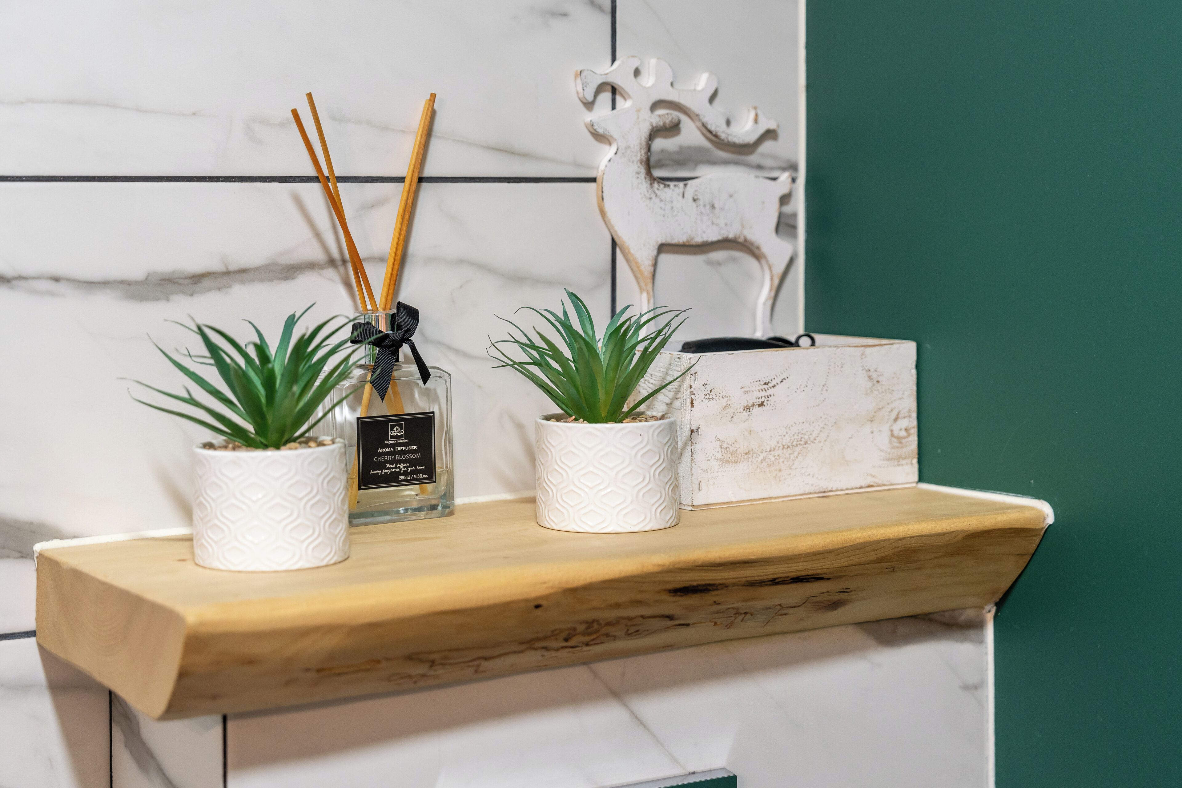 Uno scaffale con due piante in vaso, un diffusore e un oggetto decorativo.