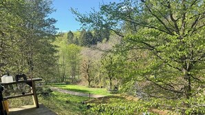 Una terraza de madera con un banco y una mesa, con vistas a un área verde con árboles y un sendero.