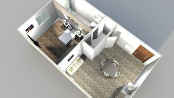 A 3D floor plan of a hotel room with a bathroom, a dining area, and a small kitchen.