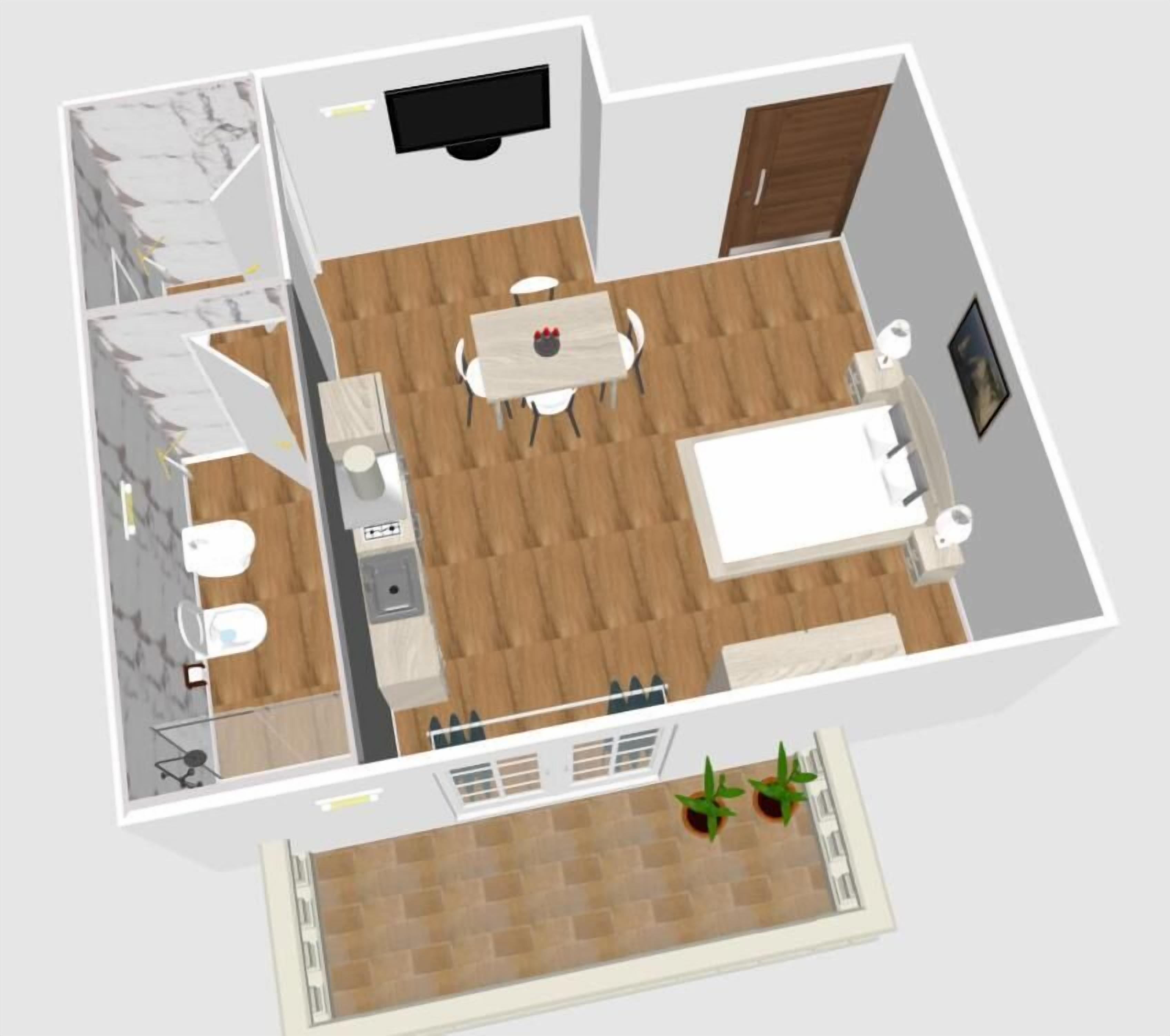 Ein zweidimensionaler Grundriss eines Hotelzimmers mit Bett, Schreibtisch, Stuhl, einem kleinen Tisch, einem Fernseher und einem Badezimmer.