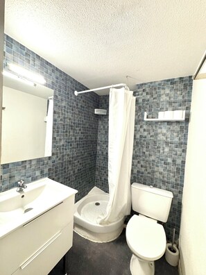 A bathroom with a white sink, mirror, shower, toilet, and blue-tiled walls. - Micro house by the sea (Le Barcarès)