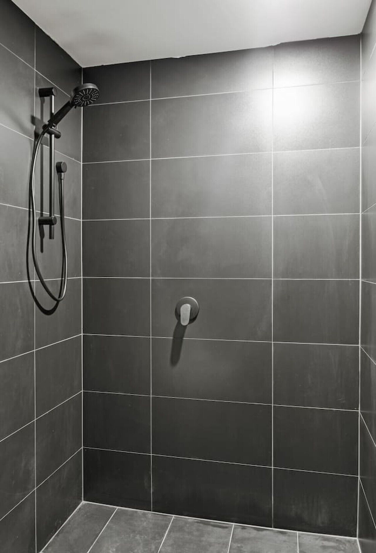 A shower area with dark tiles, a handheld showerhead, and a wall-mounted control valve.