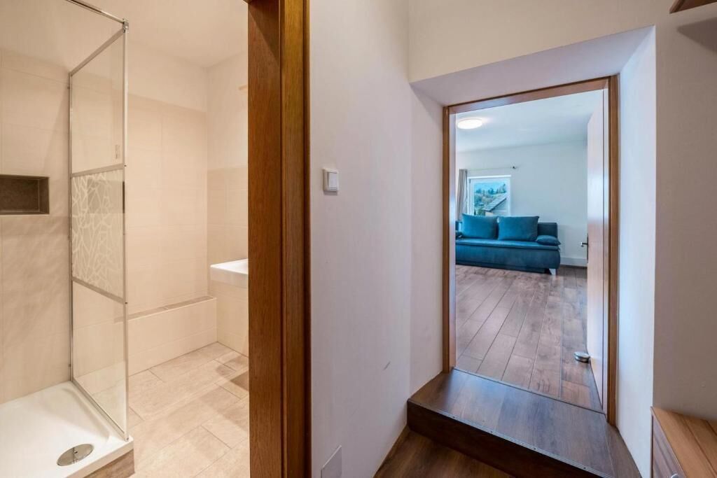 Classic-Apartment, 1 King-Bett und Schlafsofa, Küche, Stadtblick | Badezimmer | Dusche, Regendusche, Handtücher, Seife