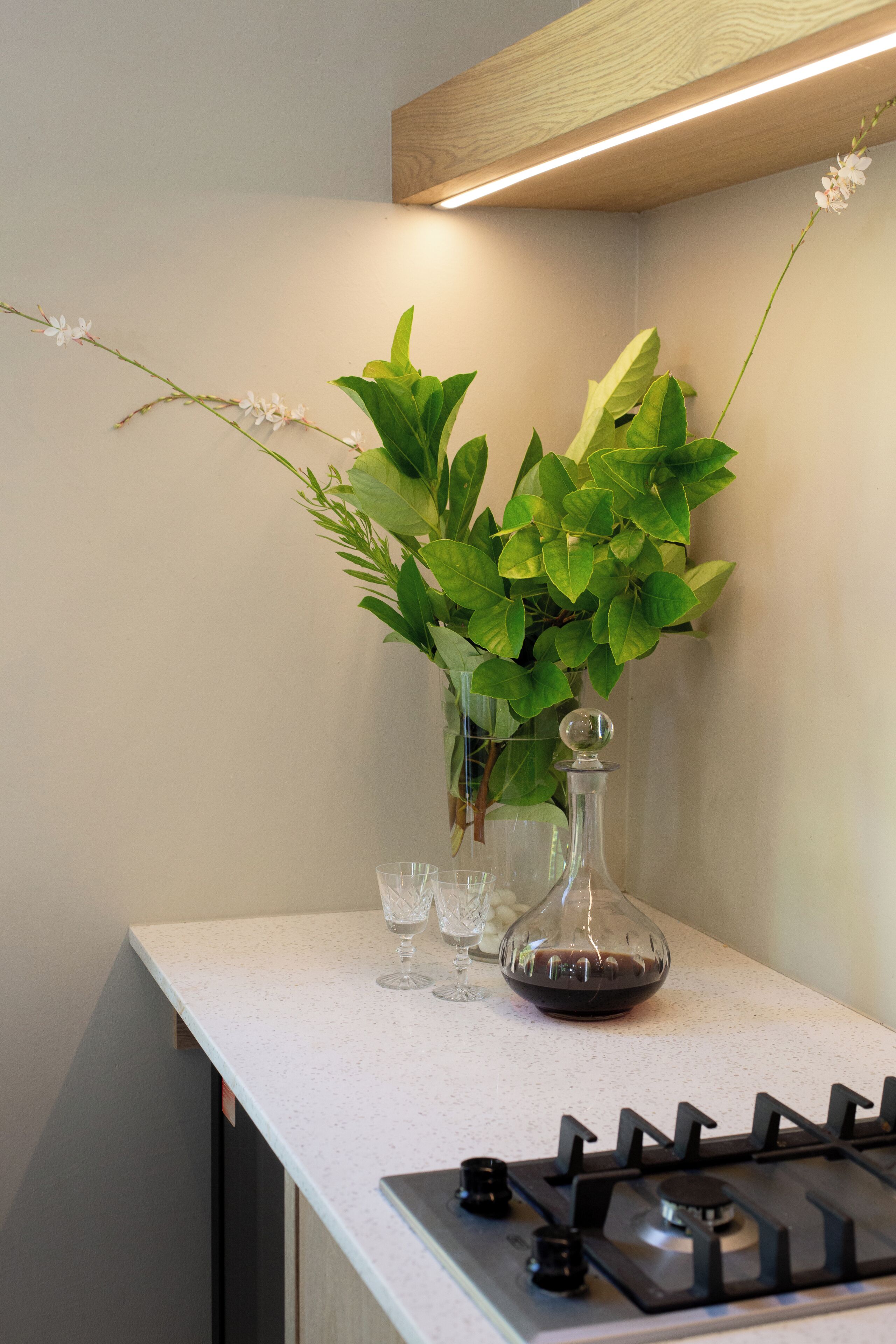A kitchen counter with a gas stove, a vase with green plants, and a wine glass.