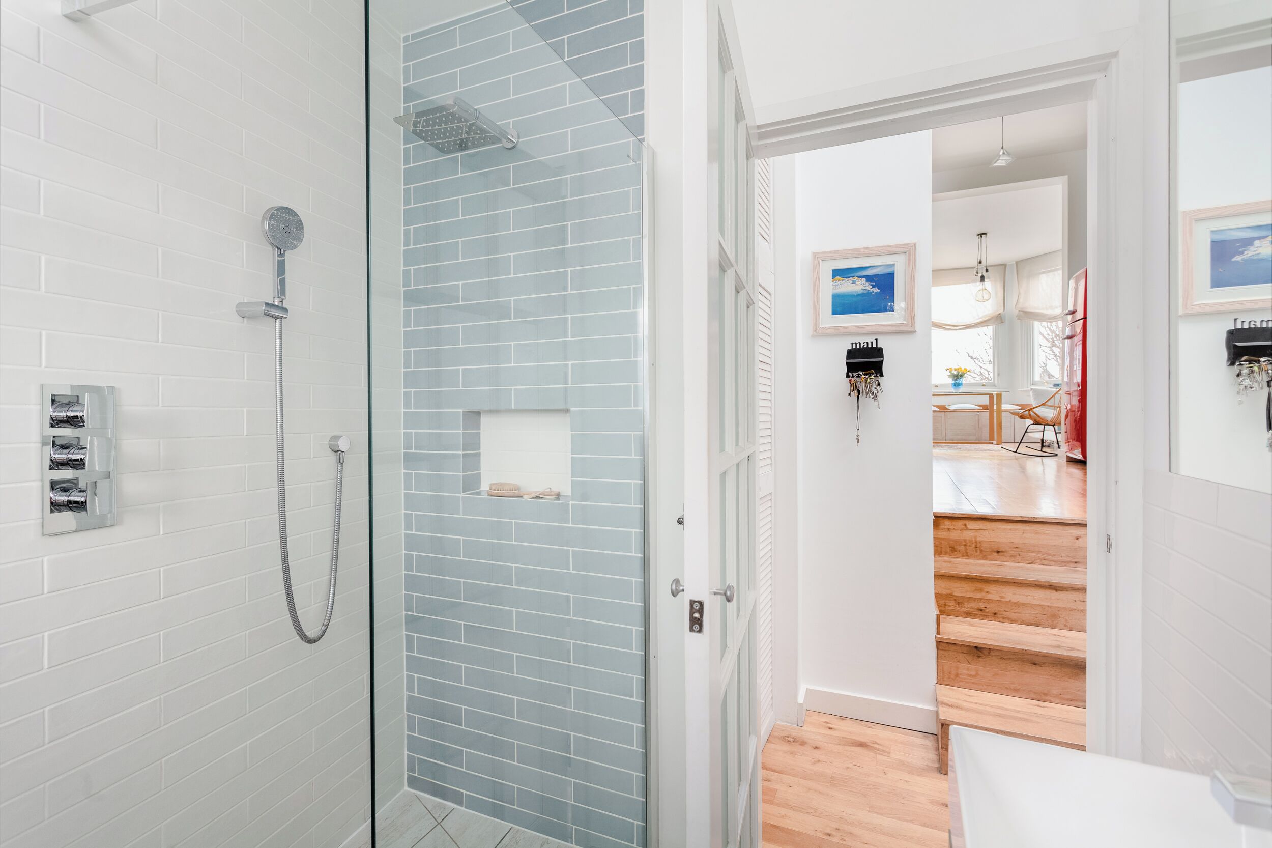 Shower, towels, soap, toilet paper