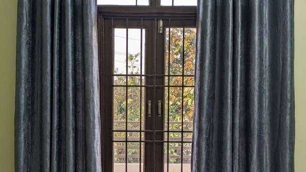 Una ventana con barrotes y vistas a árboles.