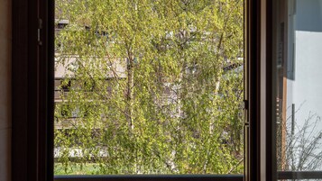 Una ventana con vistas a una calle arbolada, edificios y un cielo despejado.