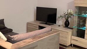 A modern living room with a sofa, TV, wooden cabinet, and a glass display case. - Cozy 60 m² Apartment with Terrace (Künzing)