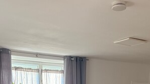 A bedroom with a bed, a window with curtains, a potted plant, and a ceiling light. - Cozy 60 m² Apartment with Terrace (Künzing)