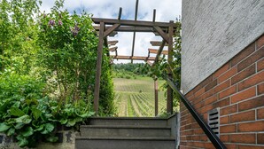 A staircase leading to a wooden pergola with a vineyard in the background.