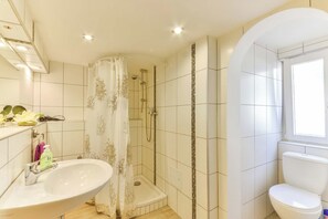 Douche, sèche-cheveux, serviettes fournies, papier toilette