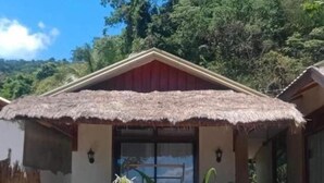 A house with a thatched roof, a front door, and a small porch area with plants.