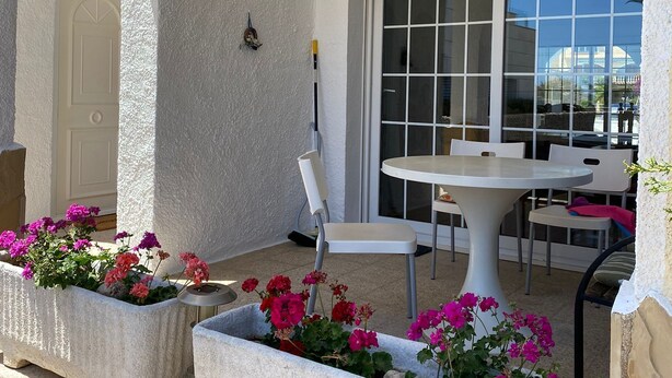 Un patio couvert avec une table et des chaises blanches, des plantes en pot ornées de fleurs roses, et une vue sur un bâtiment à travers de grandes fenêtres.