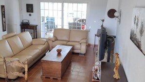 Un salon avec un canapé, une table basse, un téléviseur et une statue.
