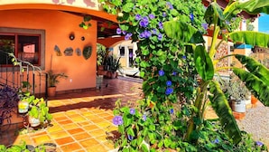 A house with a tiled patio, potted plants, and a red roof. - dome suite domes (Loreto)
