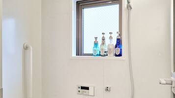 Shower, hair dryer, bidet, towels