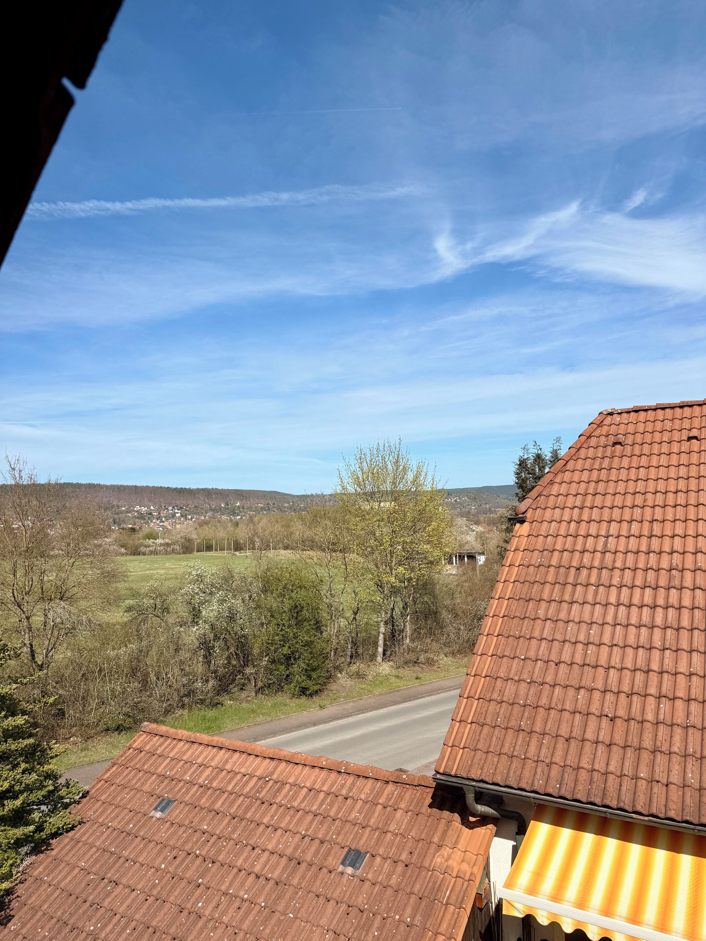 A rural landscape with a road, trees, and a house with a tiled roof.