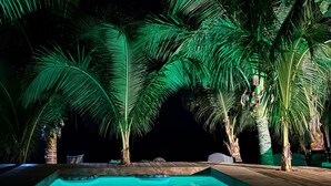 A nighttime swimming pool with a wooden deck and palm trees. - Beachfront Bungalows With Sunset Views in Haapiti (Moorea-Maiao)