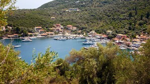 A coastal town with a marina, houses, and a hilly backdrop.