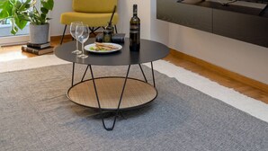 A modern living room with a sofa, a coffee table, a TV, and a potted plant. - Beehive 2A in Athens (Athens)