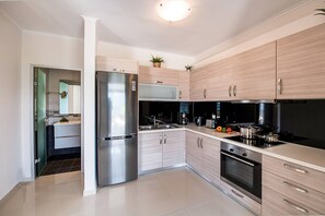 A modern kitchen with stainless steel appliances, light wood cabinets, and a clean, tiled floor. - Drakatos Villa Maria 2 (Lefkada)
