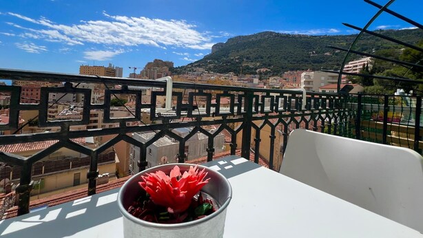 A balcony with a metal railing, a potted red flower, and a view of a cityscape with buildings and a hill in the background. - T2 Splendid View Near Monaco (Beausoleil)