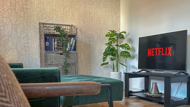 Een woonkamer met een groene bank, een boekenkast, een plant en een televisie waarop 'NETFLIX' wordt getoond.