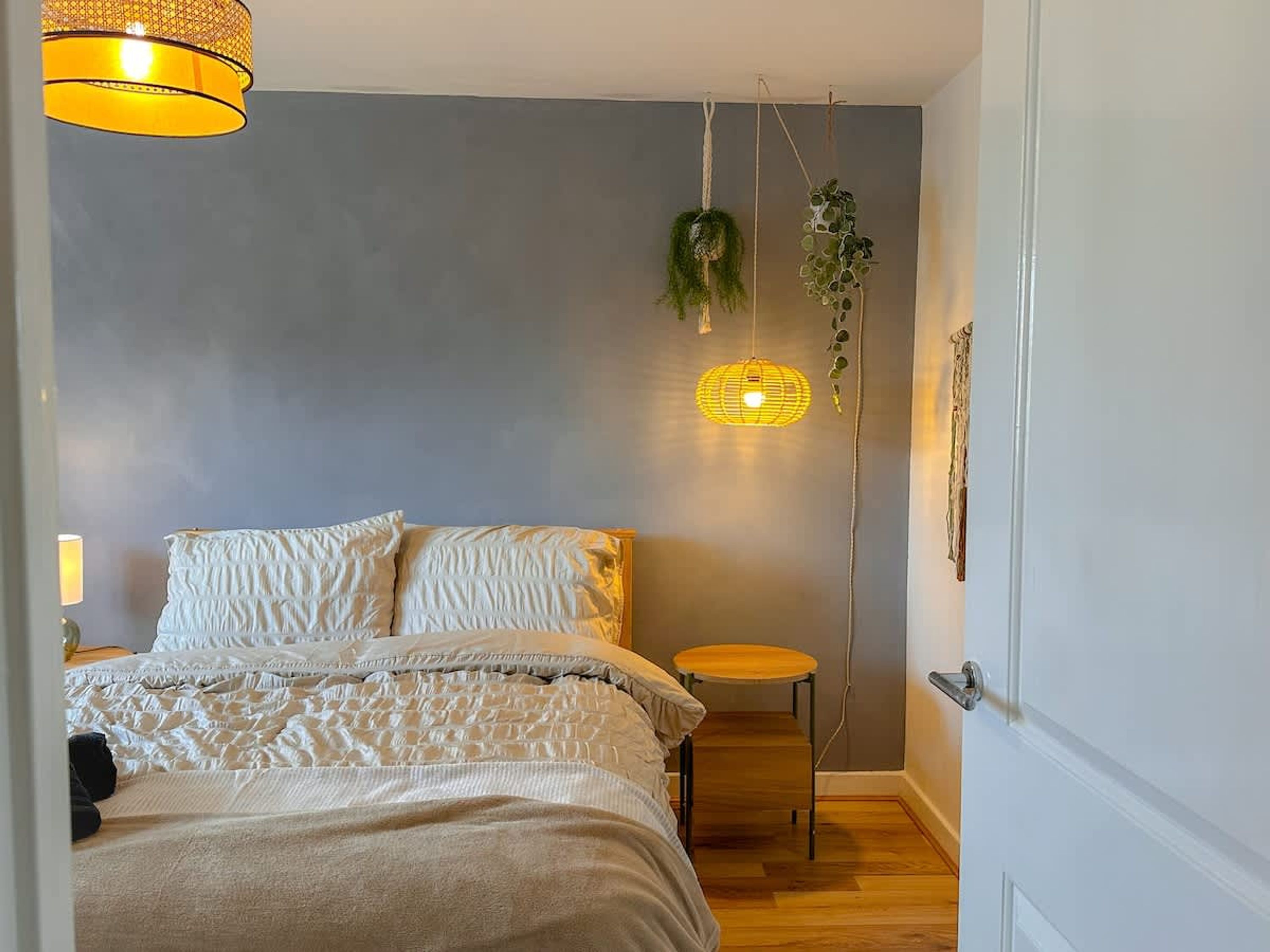 A bedroom with a bed, bedside table, hanging plants, and a lamp.