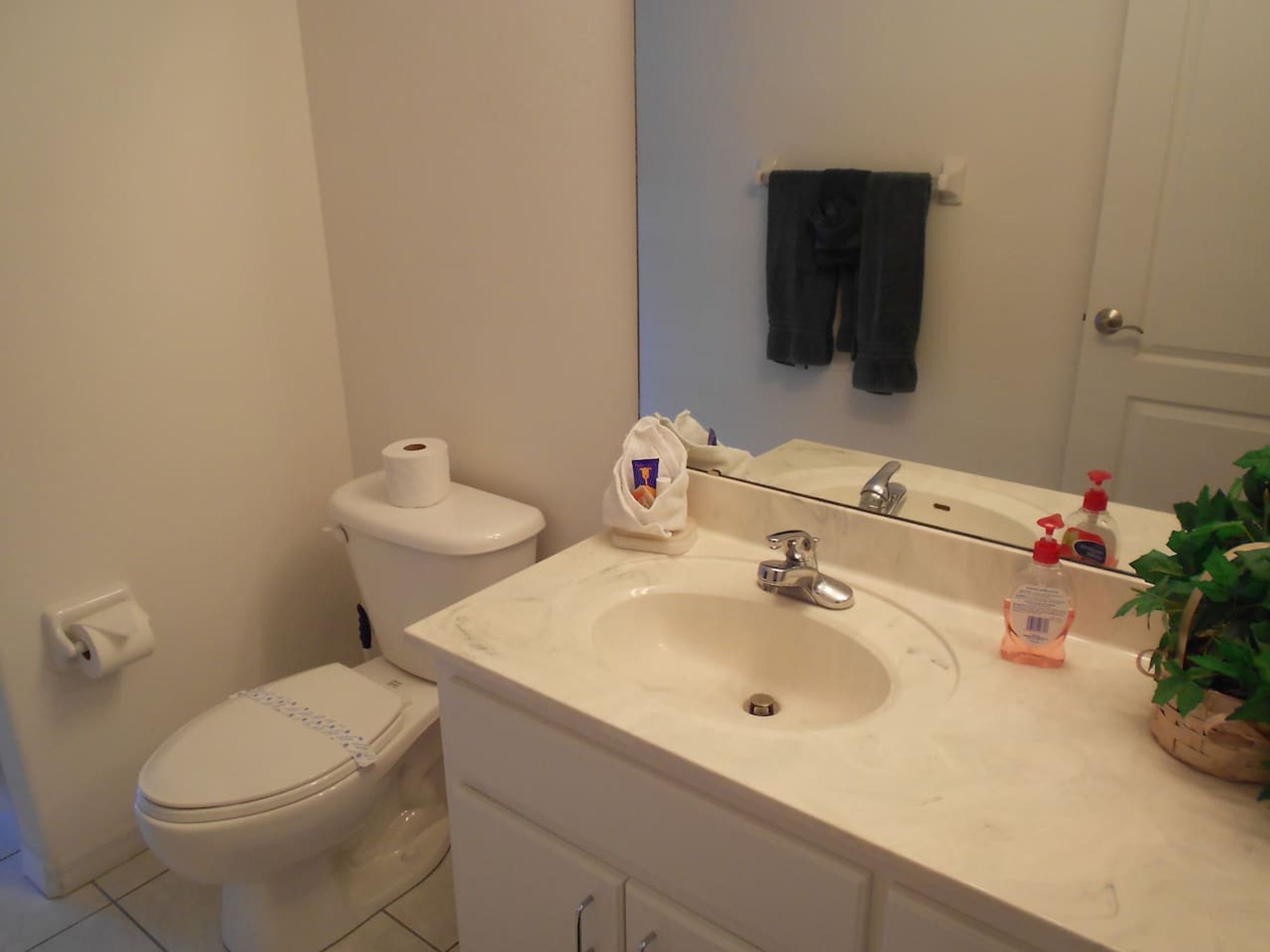 A bathroom with a toilet, a sink, a mirror, and a towel rack.