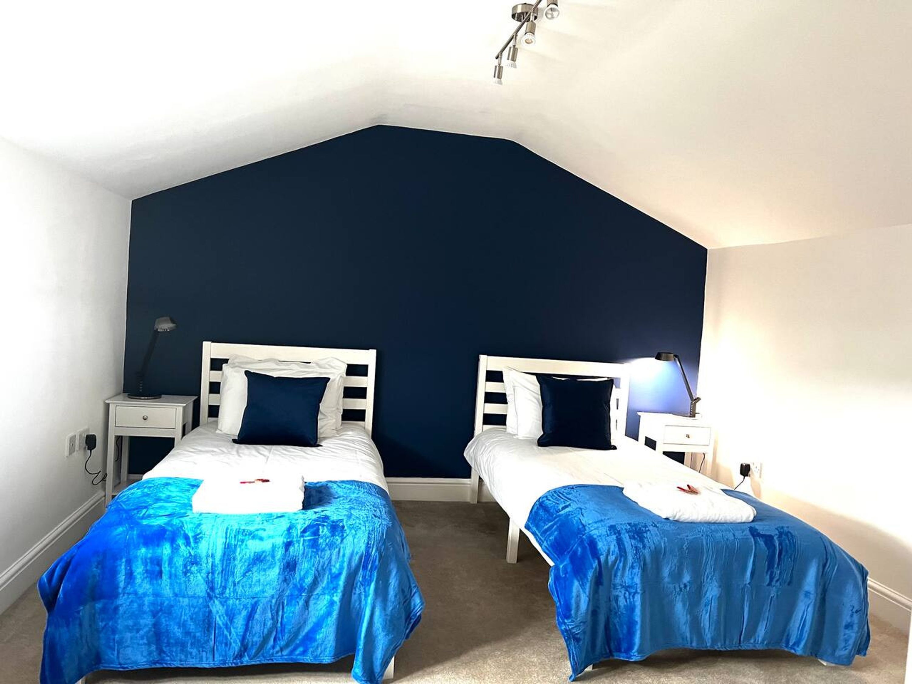 A room with two beds, each with a white headboard and blue bedding, a nightstand with a lamp, and a ceiling light fixture.
