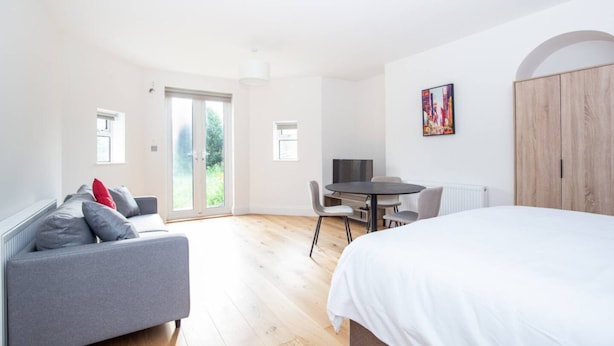 Ein Schlafzimmer mit einem Bett, einem grauen Sofa, einem Esstisch und einem Fernseher.