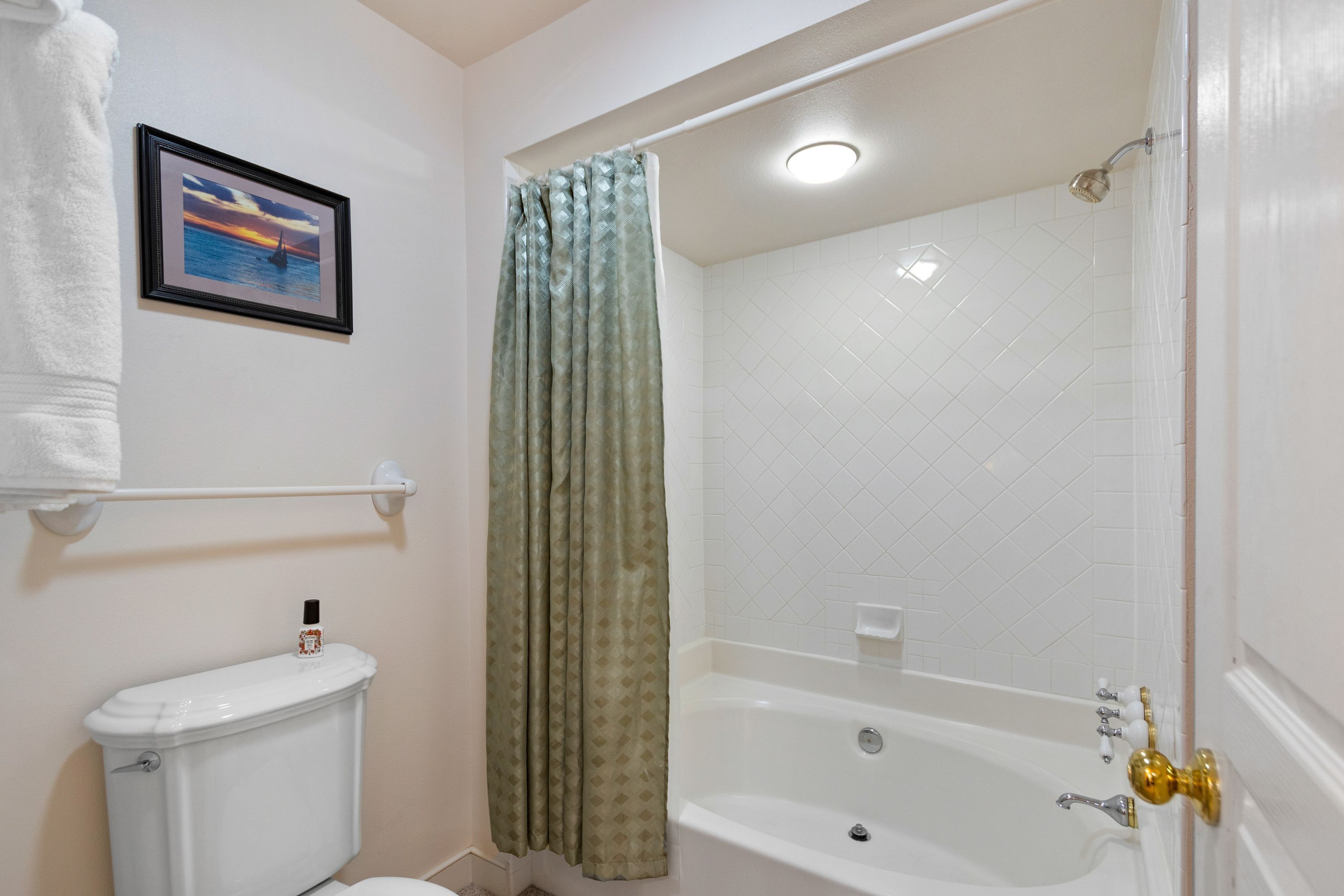 A bathroom with a toilet, a bathtub, a shower curtain, and a framed picture on the wall.