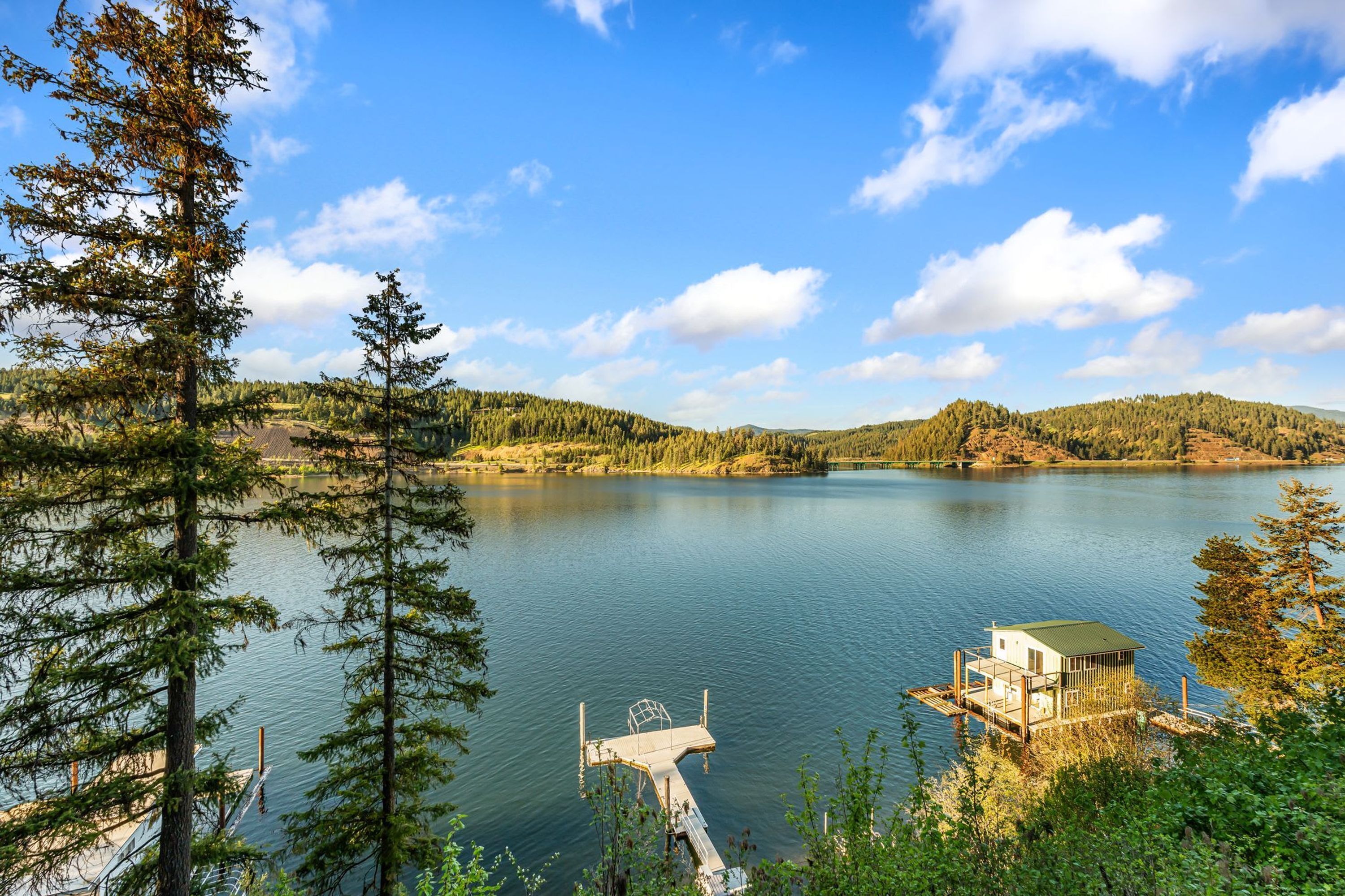 A lake with a dock, a small cabin, and surrounding forest.