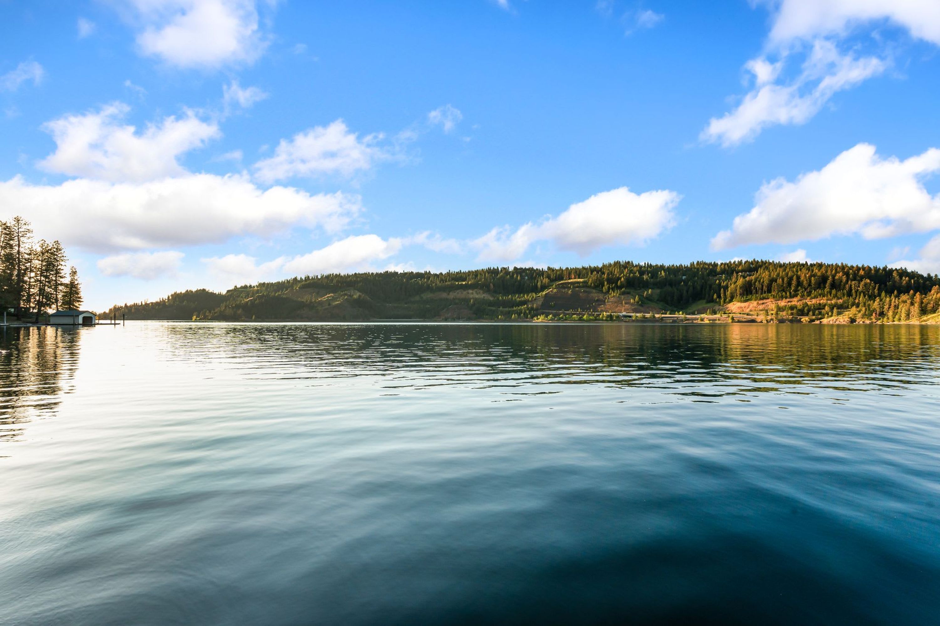 A calm lake with a forested hill in the background.