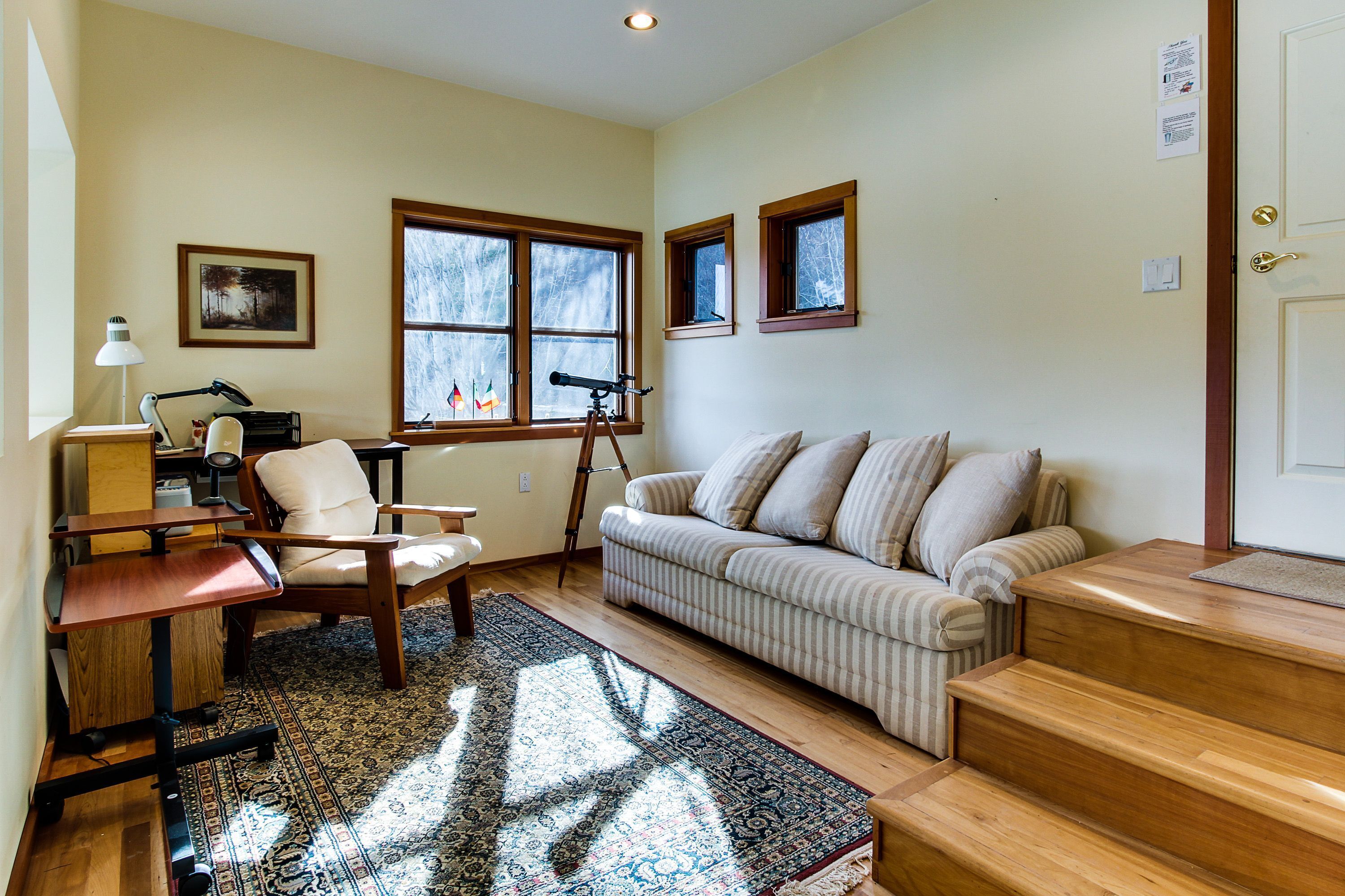 A living room with a sofa, a desk with a lamp, a telescope, and a patterned rug.